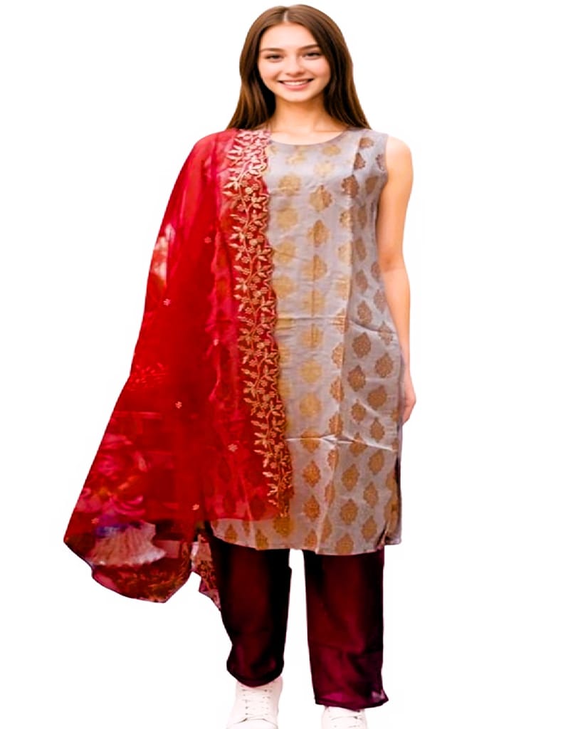 MyCOST Zari Weave Jacquard Festival wear Kurta Pant Dupatta Set, Sleeves attached view 2