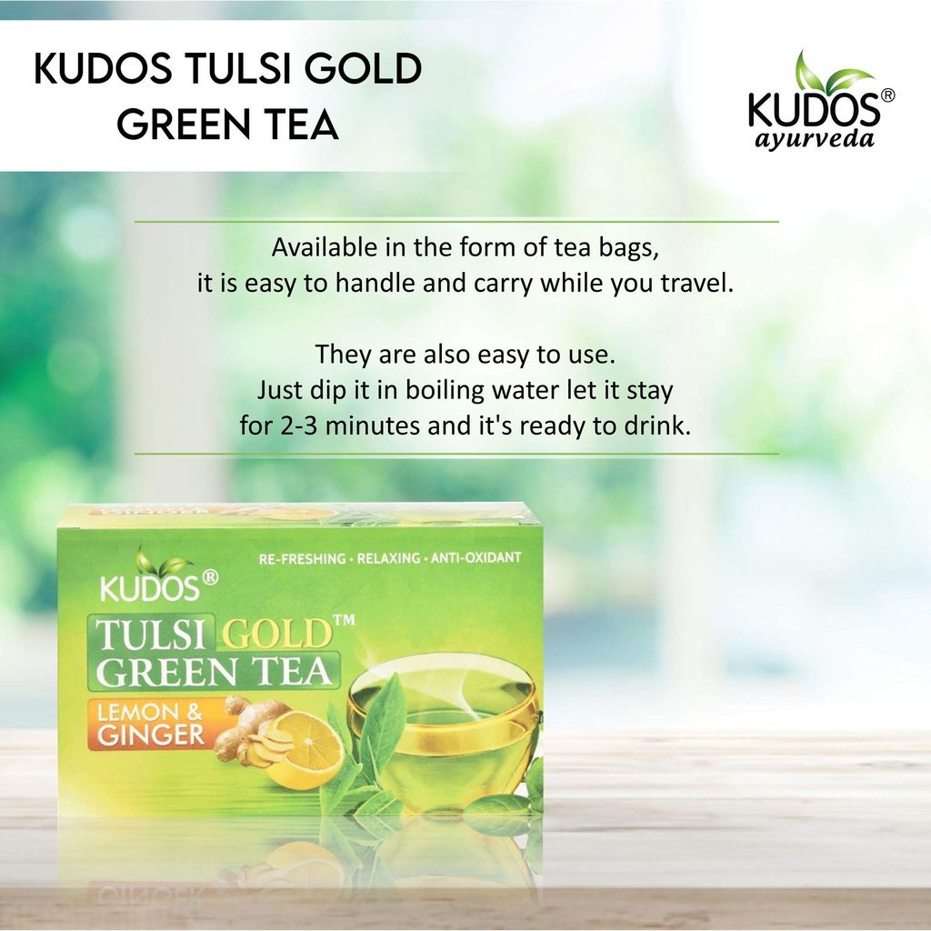 Kudos TULSI GOLD GREEN Refreshing ,Relaxing ,Anti Oxidant Tea :Helps Boost Immunity,Loose Weight,Burn Fat, Zero Calorie Tulsi Tea : 25 Tea Bags X2gram Each (Pack Of 2) view 2