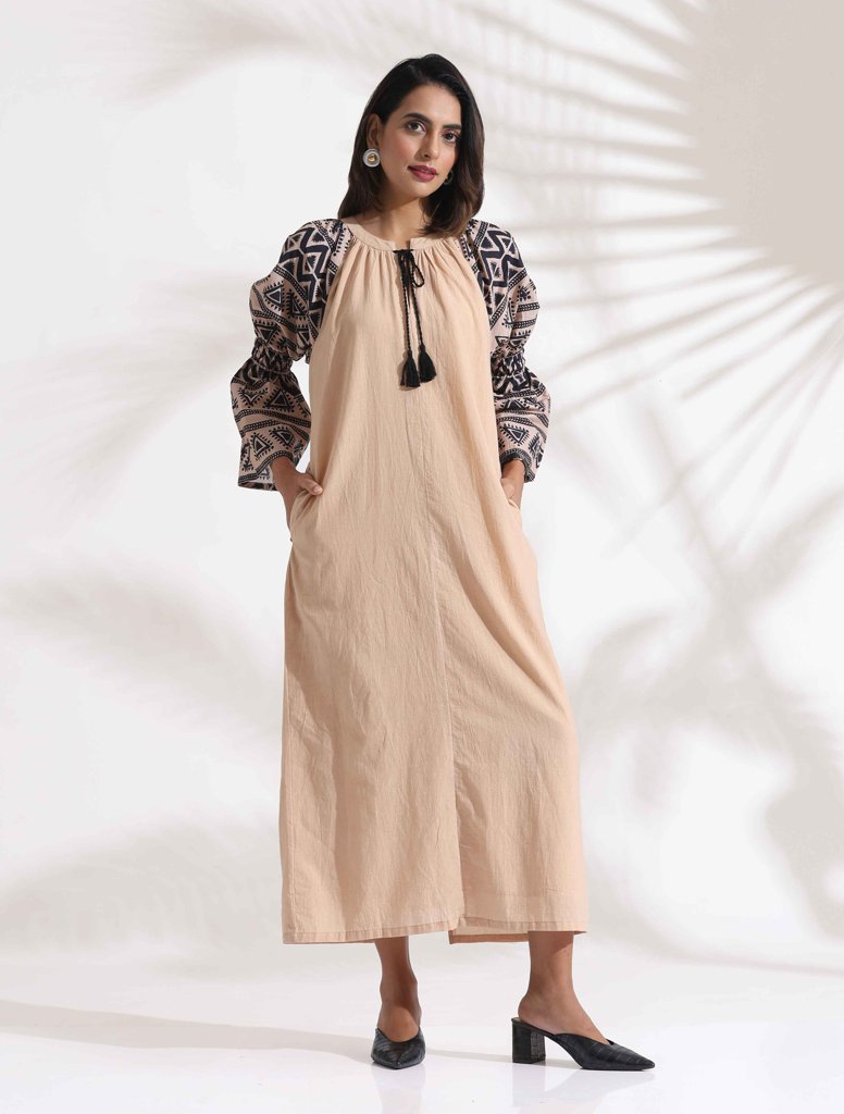 trueBrowns Beige Cotton Print Long Dress - Beige (S) view 2