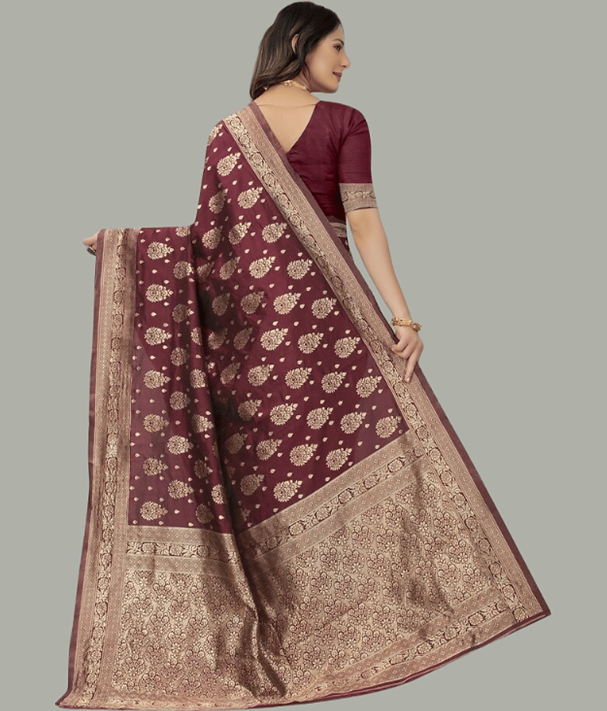 GARIYA Banarasi Silk Embellished Saree With Unstitched Blouse Piece ( Coffee ) view 2