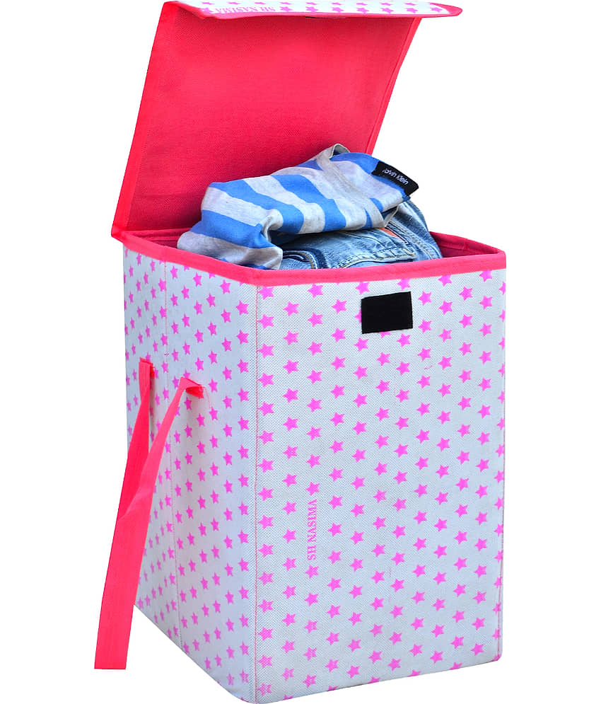 45 L-Pink Nylon Foldable Storage Box/Laundry Bag for Clothes|Toy Storage Box with Lid & Handle, Toys Organiser with Side Handles