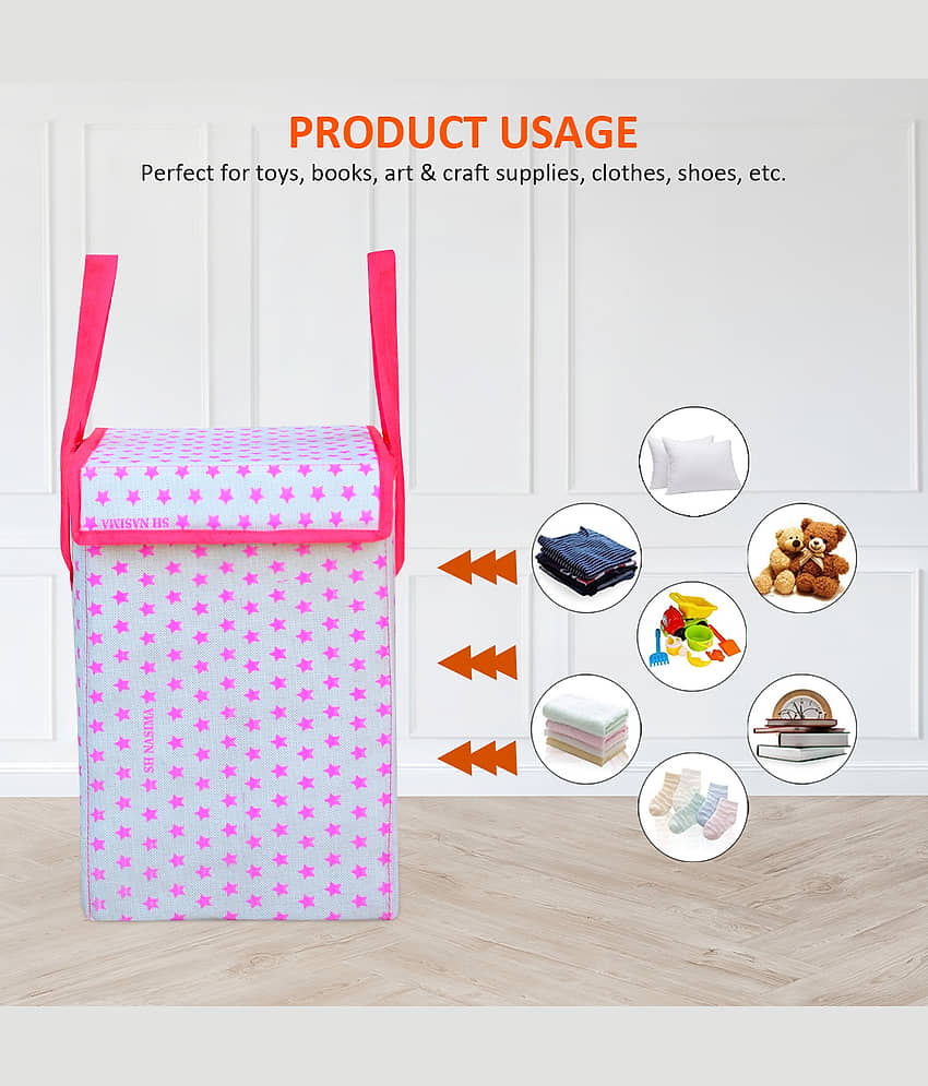 45 L-Pink Nylon Foldable Storage Box/Laundry Bag for Clothes|Toy Storage Box with Lid & Handle, Toys Organiser with Side Handles view 2