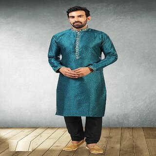 Raivat Ethnic Teal Blue Colour Jacquard Silk Brocade Kurta Pajama 1018