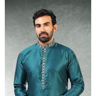 Raivat Ethnic Teal Blue Colour Jacquard Silk Brocade Kurta Pajama 1018 view 2