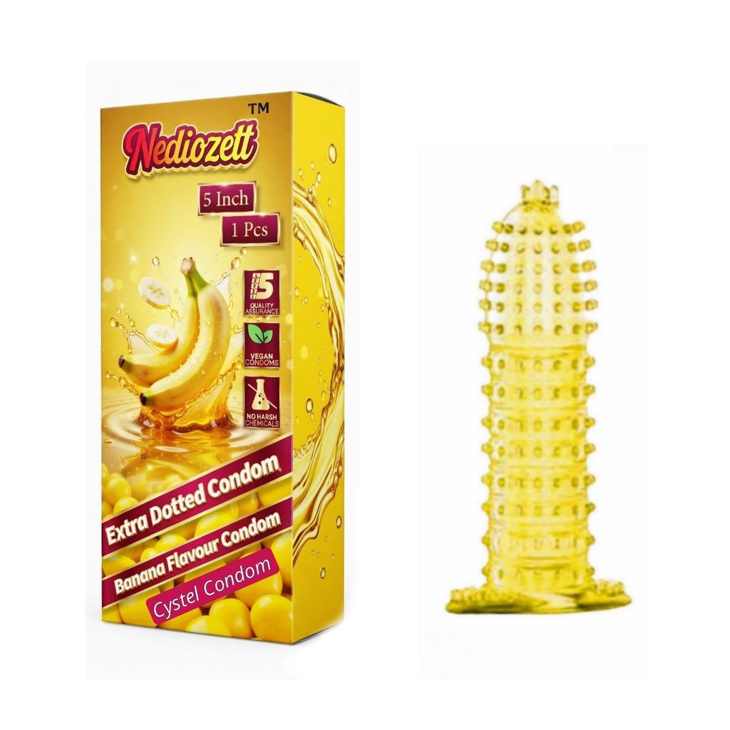 Nediozett Crystal Condom Banana Flavor For Long Last Action Silicone Reusable Condom Extra Dotted 5 inch (Pack of 1)