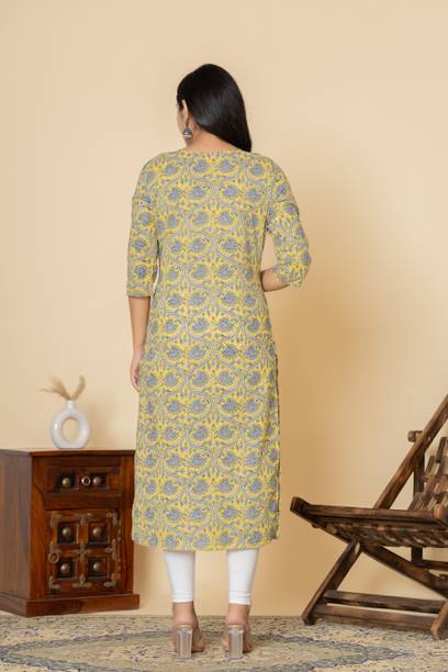 Women Printed Pure Cotton Straight Kurta (Yellow) view 2