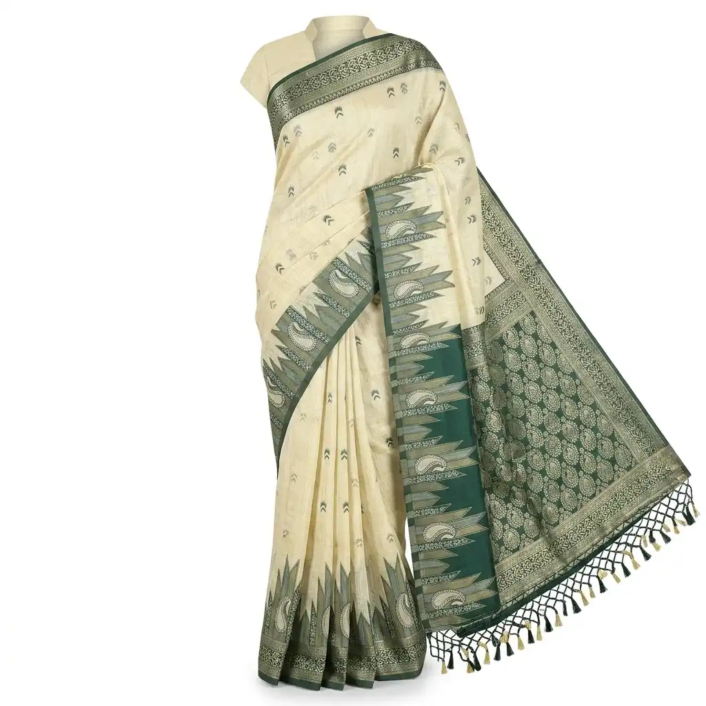 Sambalpuri Light Cream Green Ikat Handloom Saree