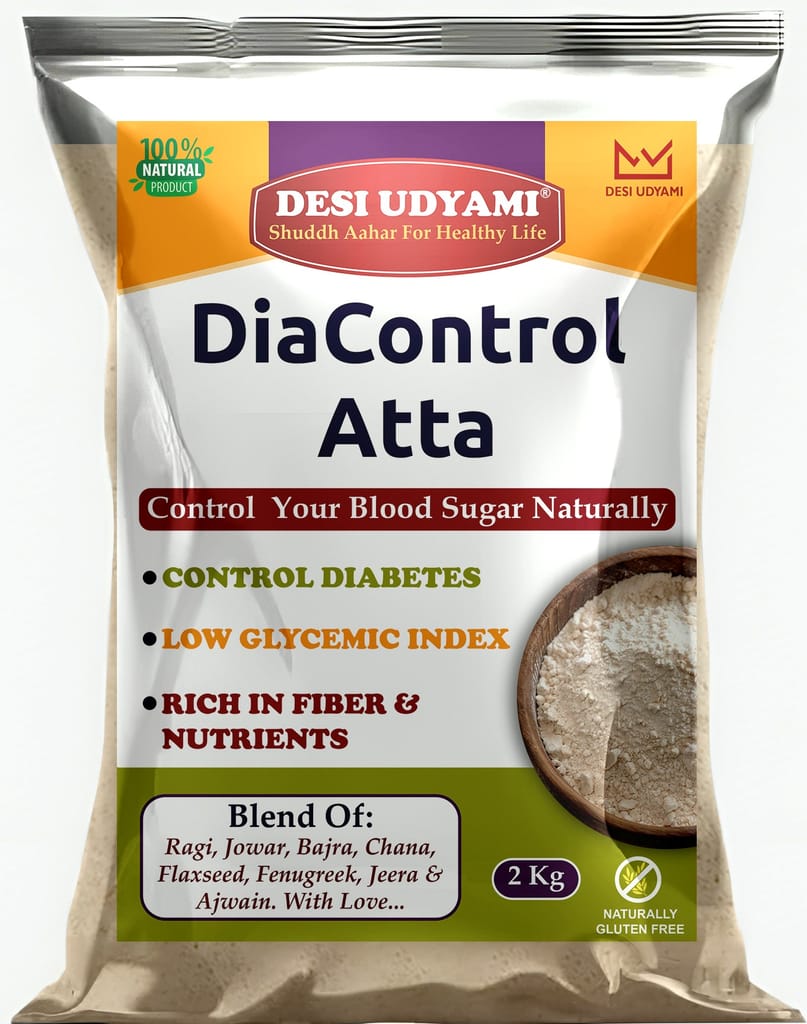 Desi Udyami's Dia-Control Atta: A Sugar-Free Multigrain Flour for Healthy Living | DiaControl Multigrain Atta for Diabetes Care | Low Glycemic, High Fiber Flour | Natural Ingredients for Healthy Blood Sugar 2 Kg (pack of 4)