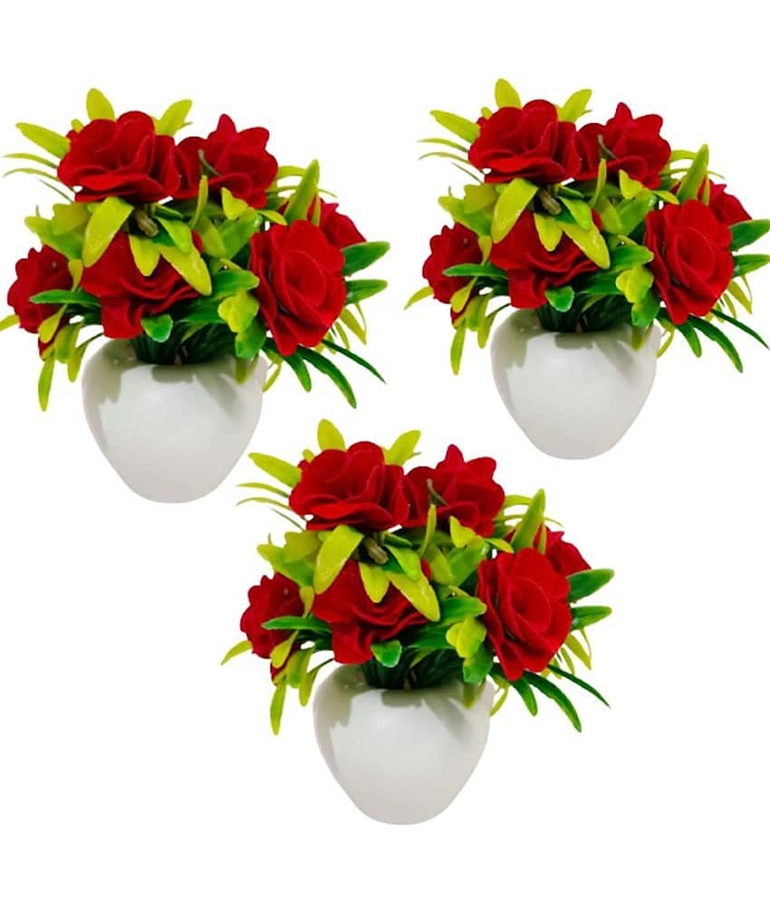 Green plant indoor Artificial Khushi Rose Set of 3 PCS Multicolour Bonsai Plastic - Pack of 3 view 2