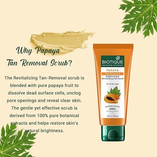 Biotique Papaya Tan Removal Brightening & Revitalizing Face Scrub 100g tube view 2