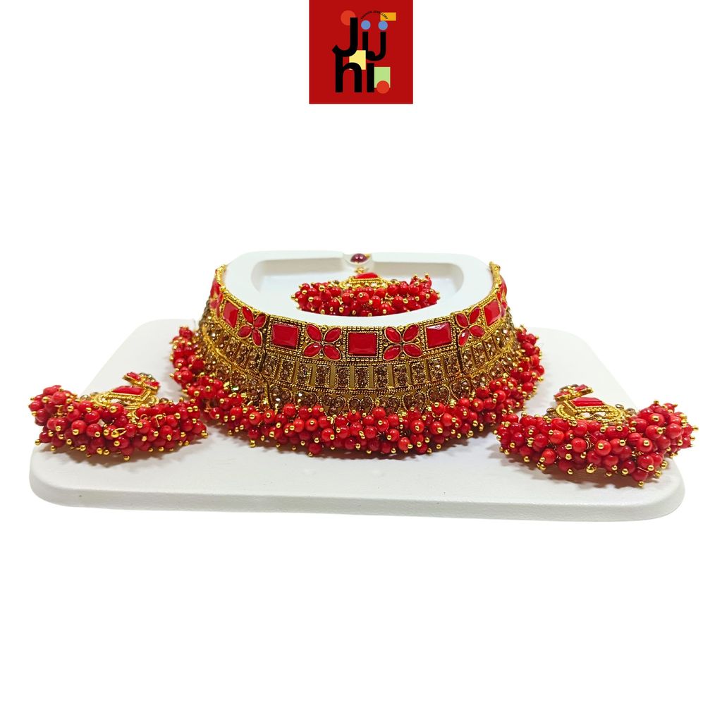 JUHI Luxury Handcrafted Gold Plated Necklace Jewellery Set with Earrings And Mangtika, Red beads, AD view 2