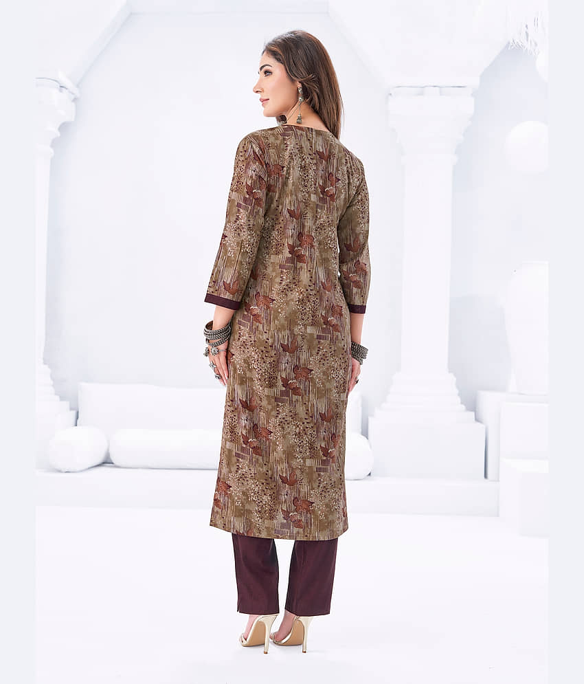 shree jeenmata collection Women Cotton Printed A-line Kurti With Pants ( Beige ) view 2