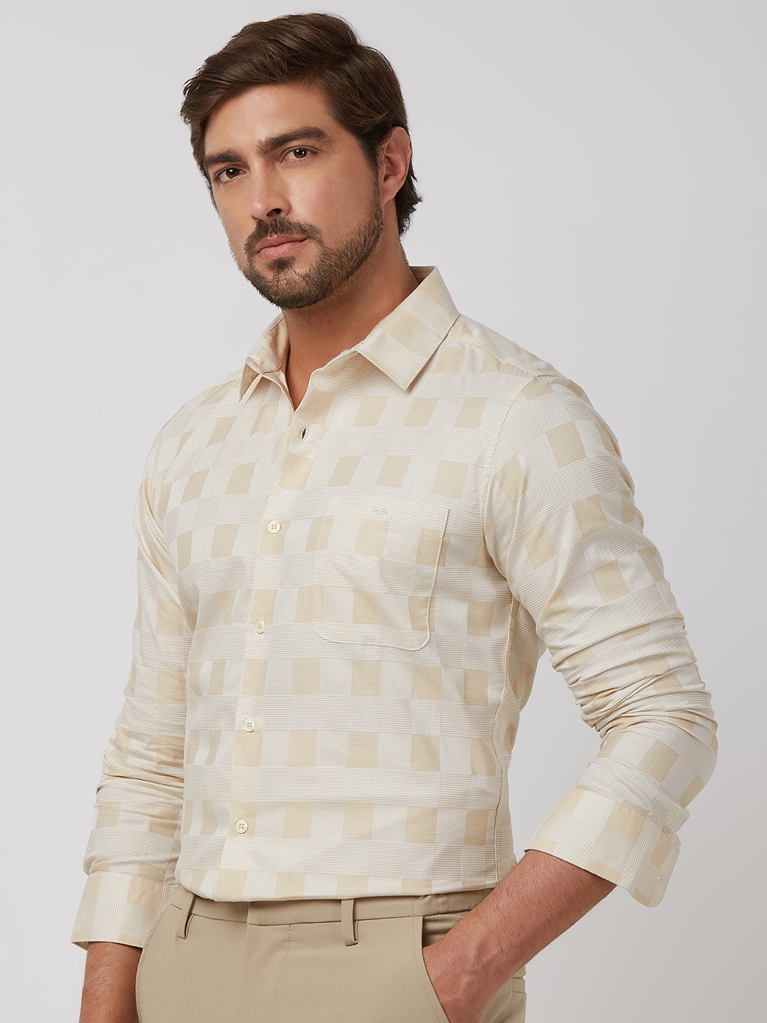 Beige Tonal Check Slim Fit Casual Shirt view 2