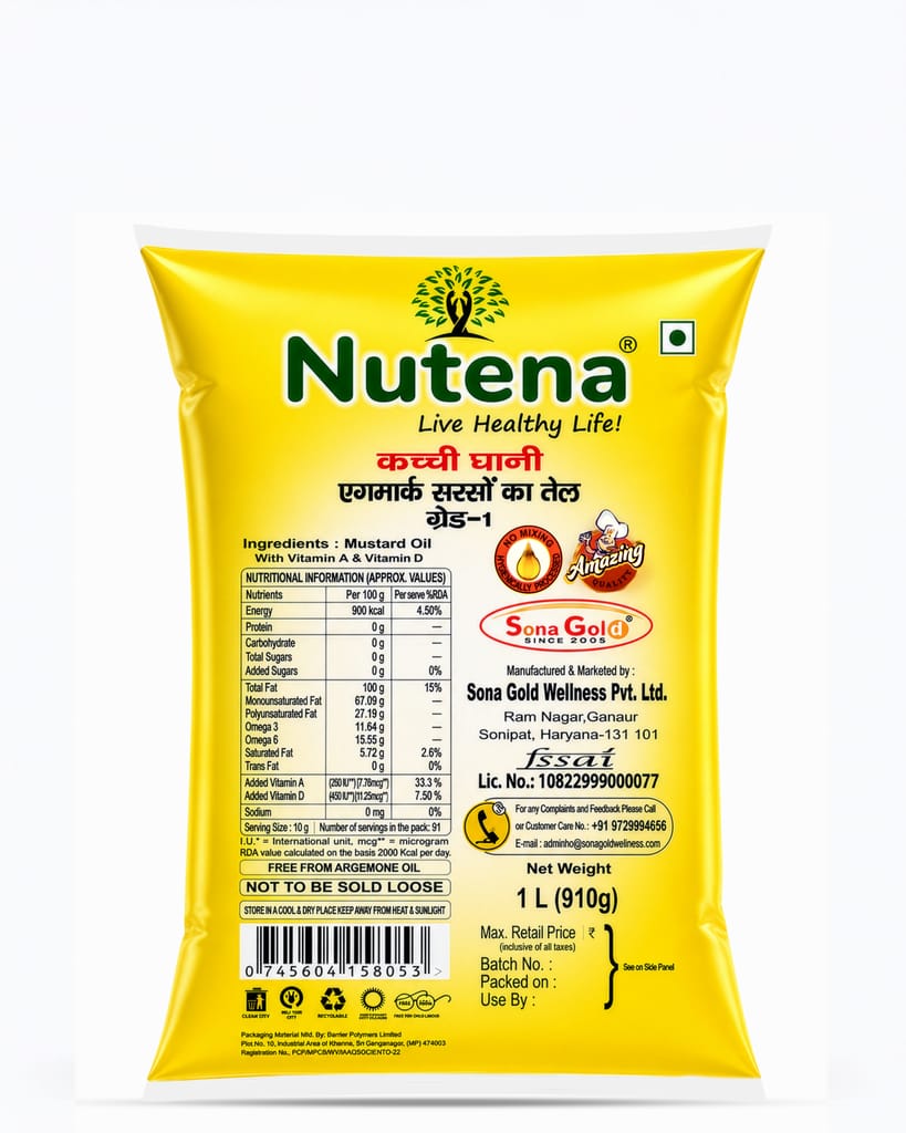 Nutena Kachi Ghani Mustard Oil 1 Liter Pouch view 2