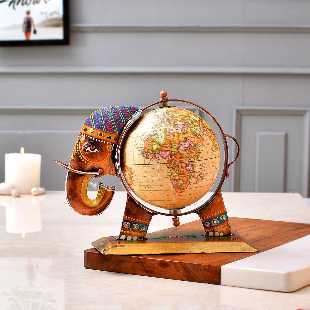The Natural Art and Craft - Iron Elephant Globe Showpiece, Handmade Decorative Show Pieces for Home Decor & Showcase Items for Home Decoration & Table Decor (Length 9.5 inches, Width 5 inches, Height 7.5 Inches)