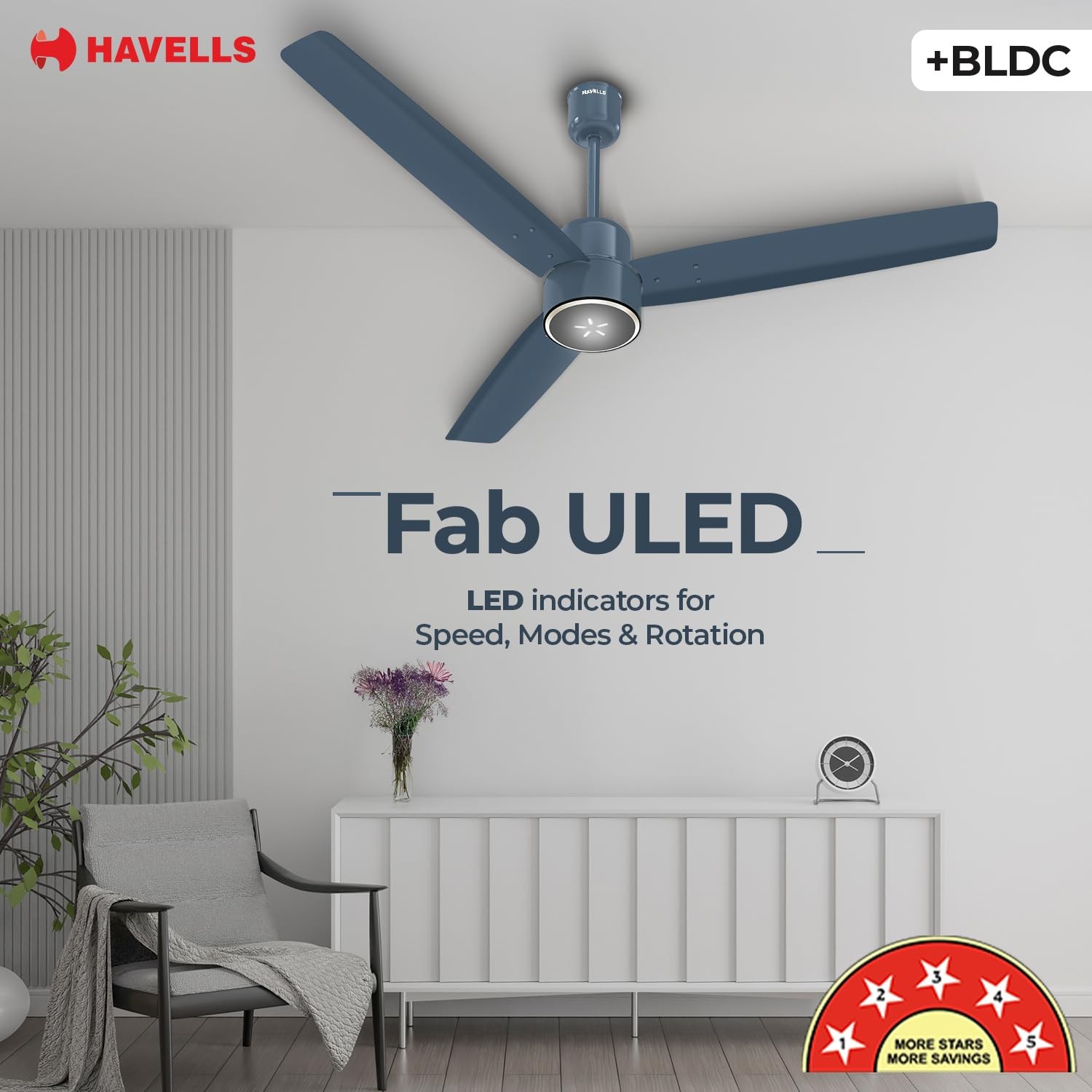 Havells FAB BLDC ULED Ceiling Fan 1200mm, 5 star, LED Speed Indicator, 380 RPM, Up to 65% Savings,Reverse Rotation,4 Speed Modes,Low Wattage 30W,Low Noise,Air Flow:225 CMM, 3 Year Warranty, Denim Blue view 2