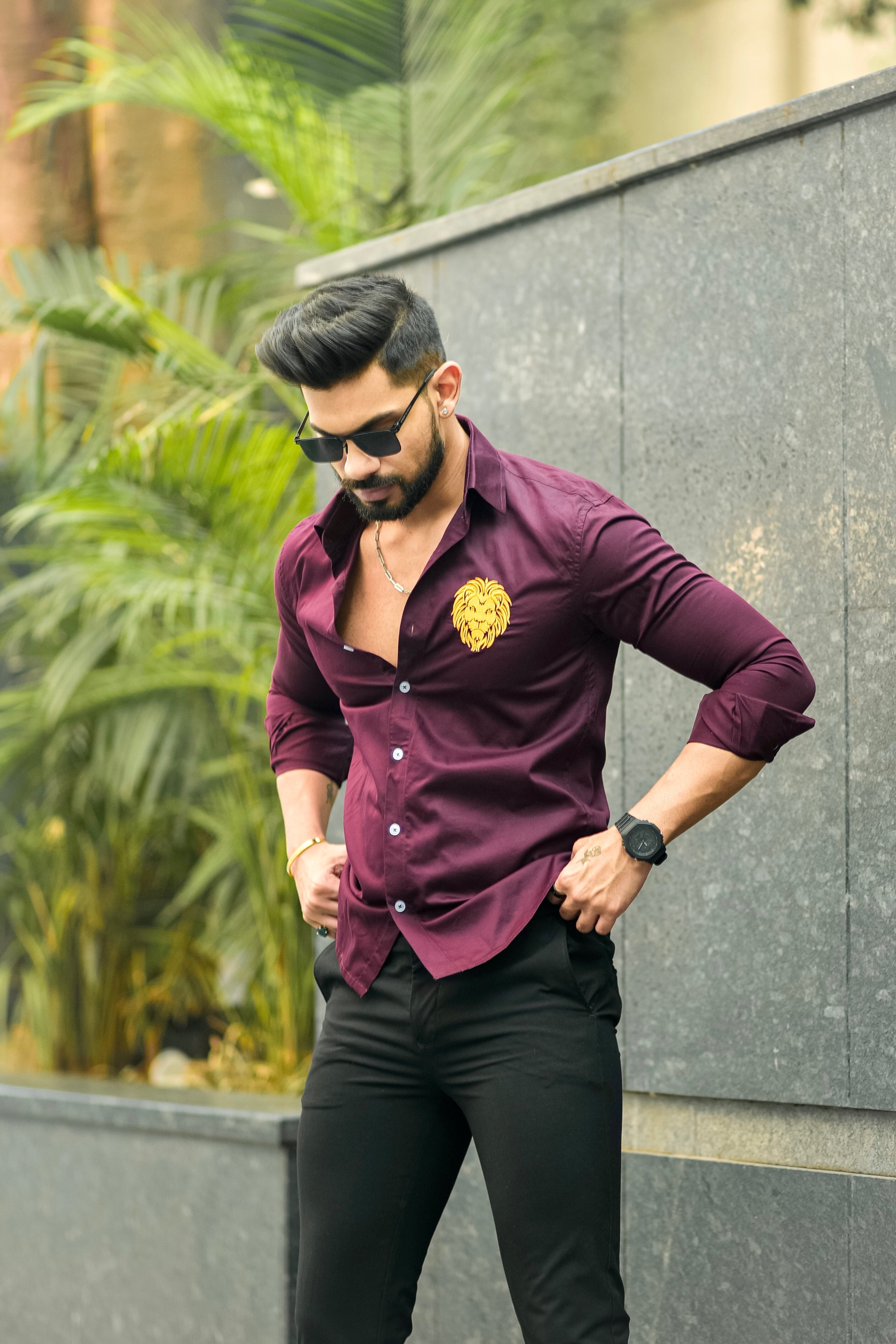 Wine lion embroidery premium satin cotton shirt view 2