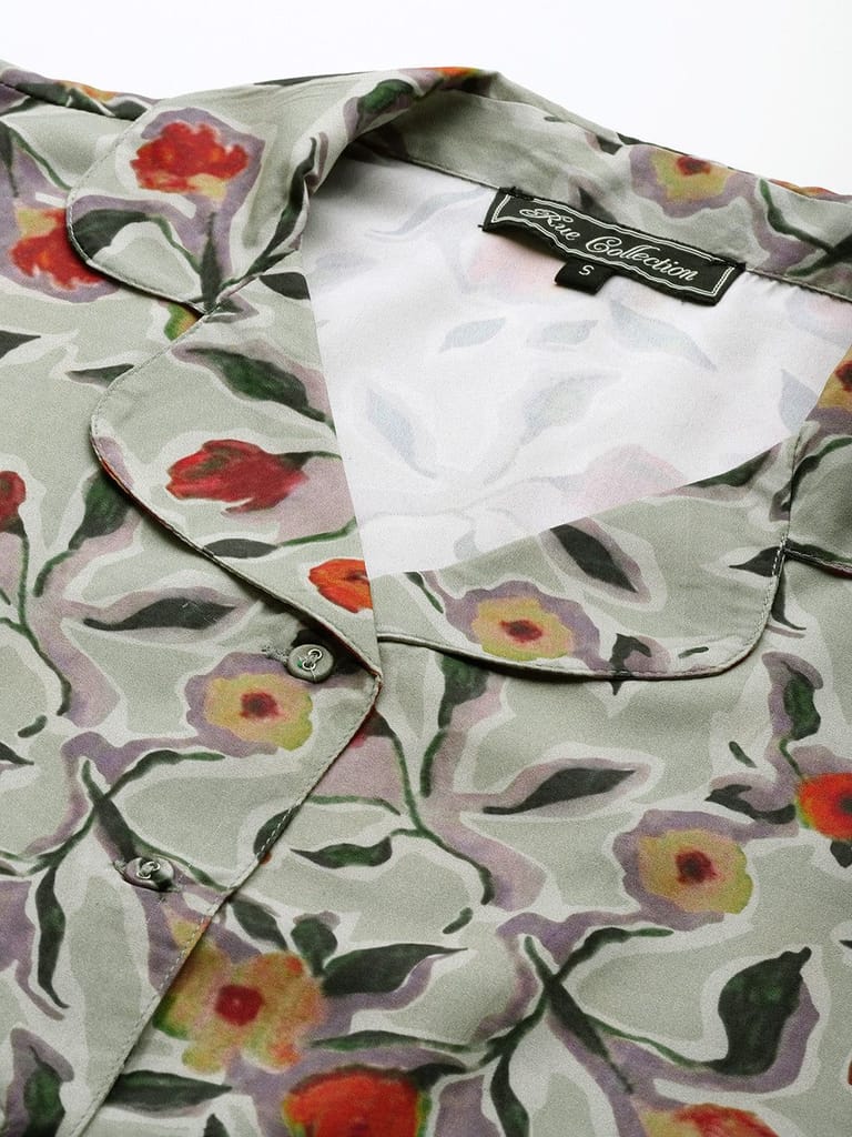 Floral Print Crepe Shirt Style Longline Top view 2