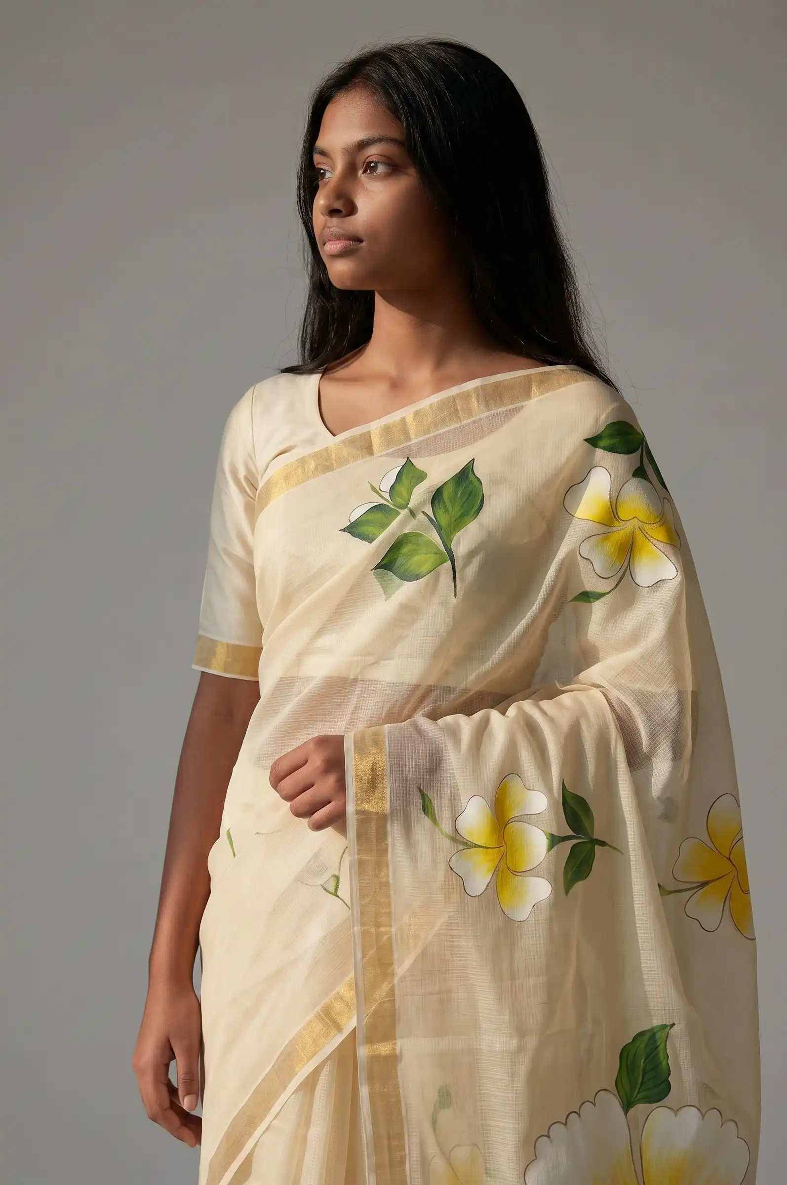 Kota Doria Cotton Saree Ivory Hand Painted Frangipani view 2