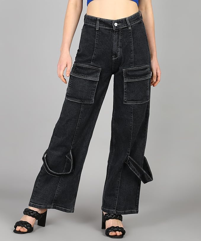 Glossia Fashion Women Cargo Jeans | High Rise Stretchable Baggy Wide LegDenim| Boyfriend Jeans for Women - Black, 28 view 2