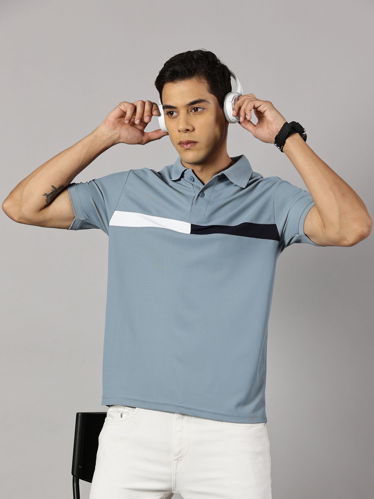 Dry-fit Grey Striped Polo view 2