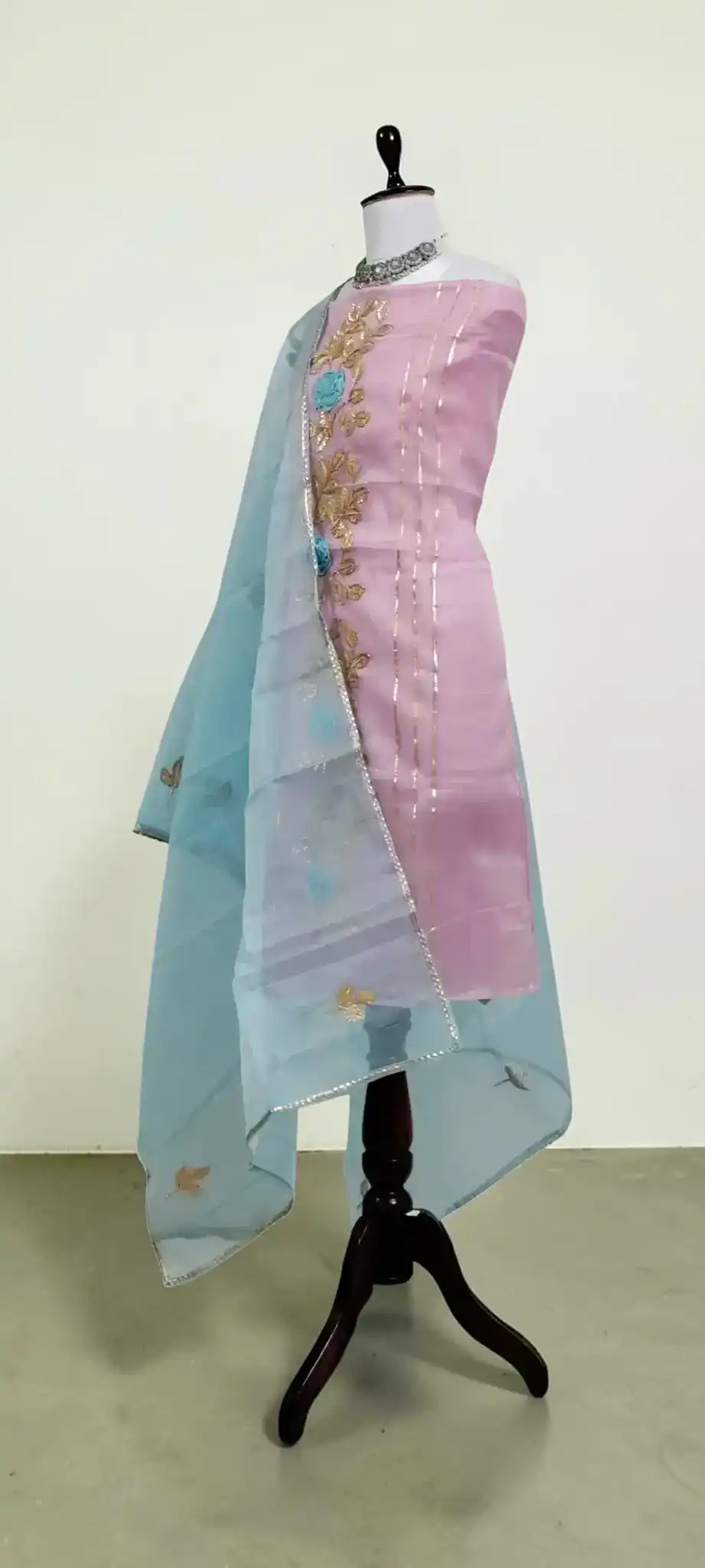 Handwoven Kota Doria Cotton-Silk Dress Material with Zari Border, Aqua view 2