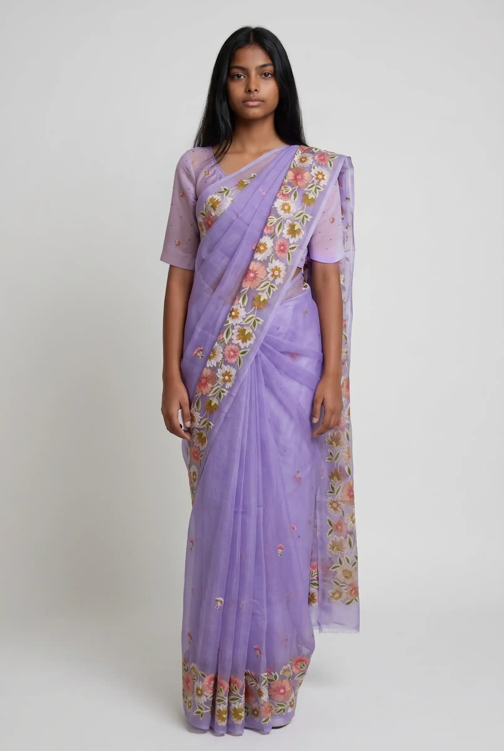Handwoven Kota Doria Saree in Lavender with Hand-Embroidered Floral Borders