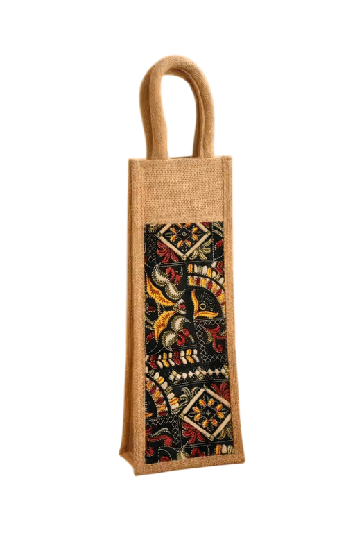 Single Bottle Jute Bag with Kalamkari Print