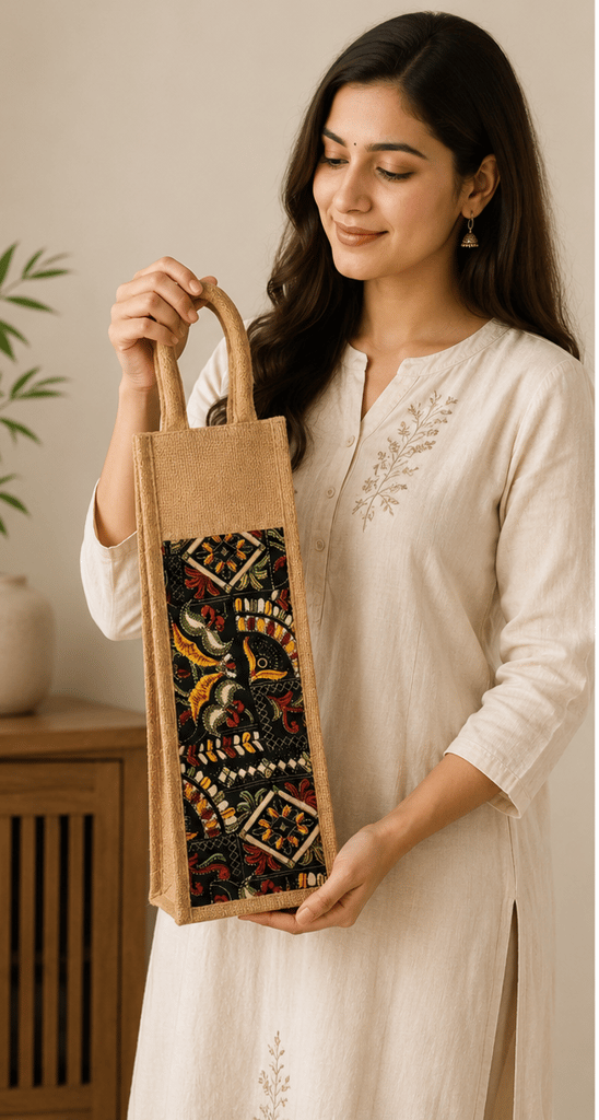 Single Bottle Jute Bag with Kalamkari Print view 2