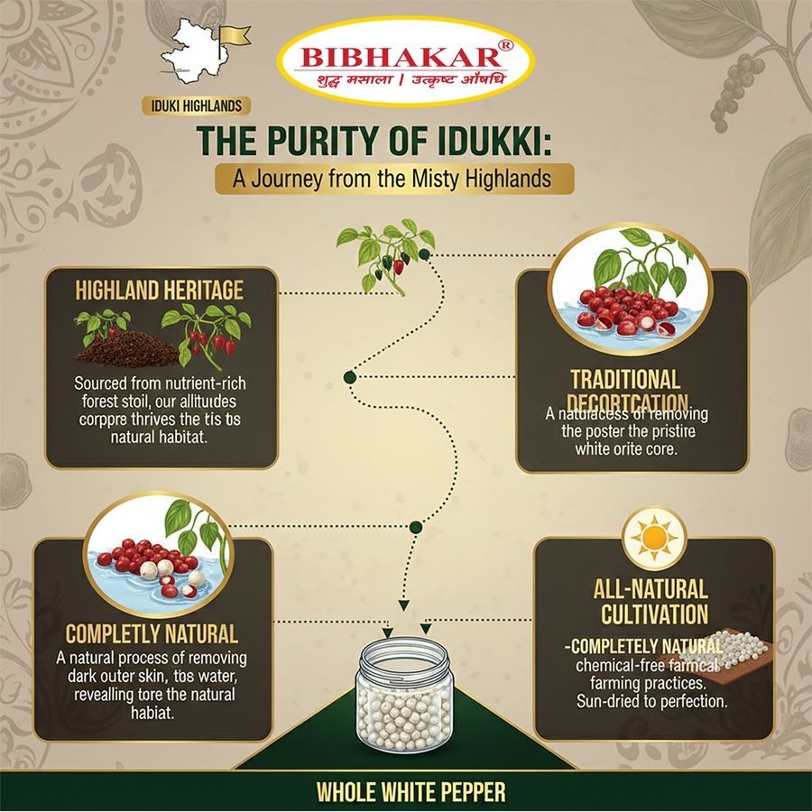 Idukki White Peppercorns 100g - High Piperine Whole Berries from Kerala, India - Airtight PET Jar | Bibhakar Spices - 100 gm - One jar of peppercorns view 2