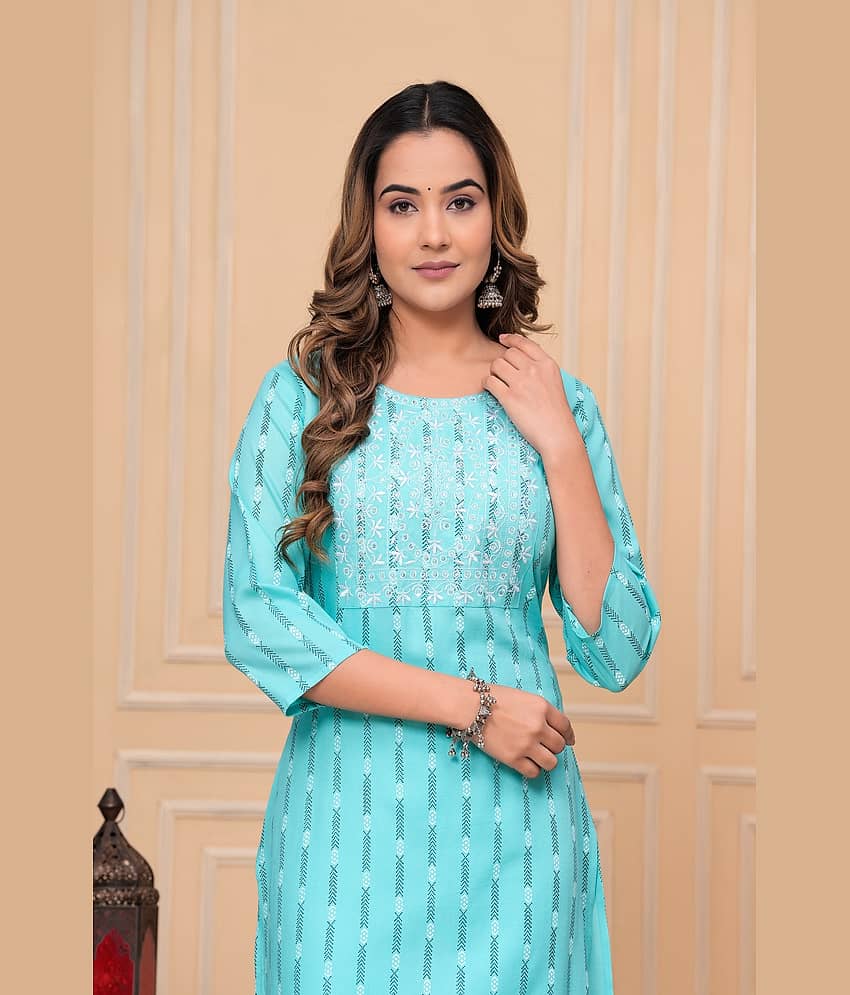 GlowWorld Rayon Embroidered Straight Women's Kurti - Light Blue ( Pack of 1 ) view 2