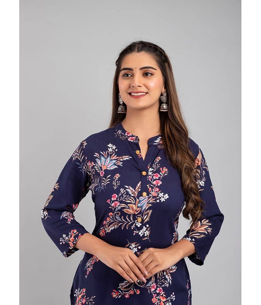 MAUKA - Blue Rayon Women's Straight Kurti ( Pack of 1 ) view 2
