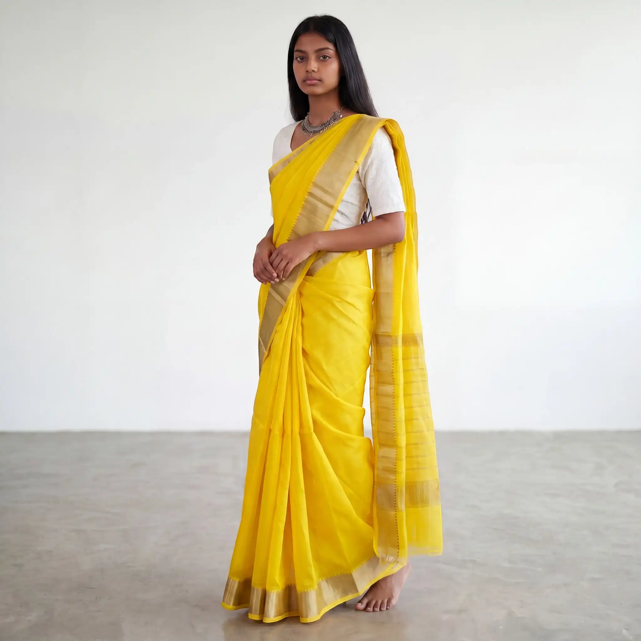 Yellow Mangalgiri Silk-Cotton Saree with Phoda Kumbha Temple Border view 2