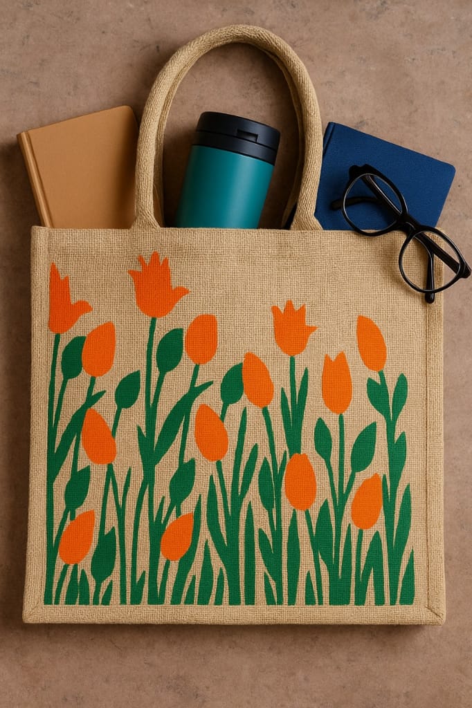 Eco-Friendly Jute Grocery Bag with Floral Print - Reusable & Durable view 2