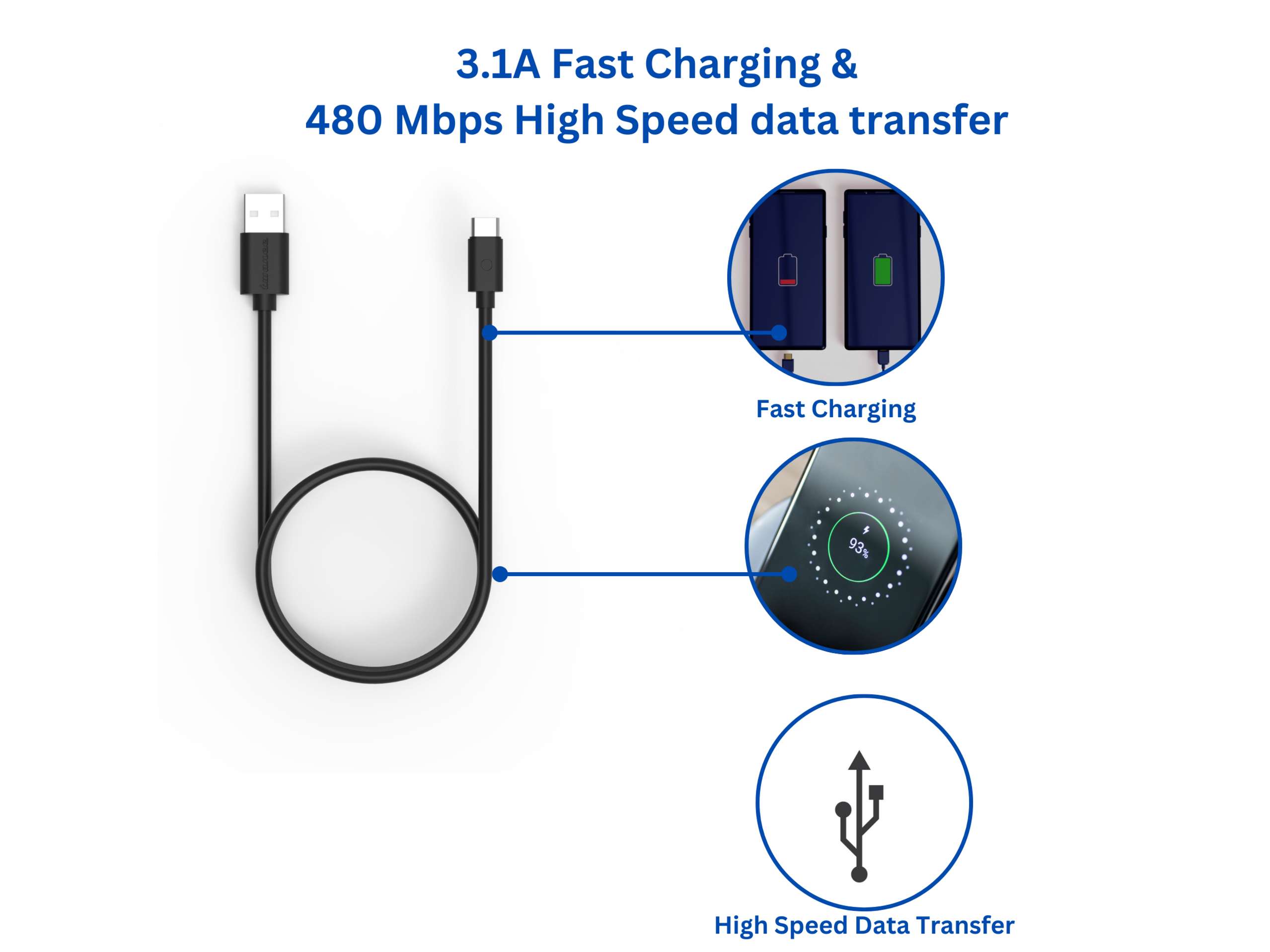 Twance T24B PVC - Type C to USB Charging & data transfer Cable, 2 M, Black - 500 Pieces view 2