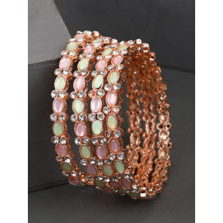 Pink Green CZ Rosegold Plated 4pc Bridal Bangle Set view 2