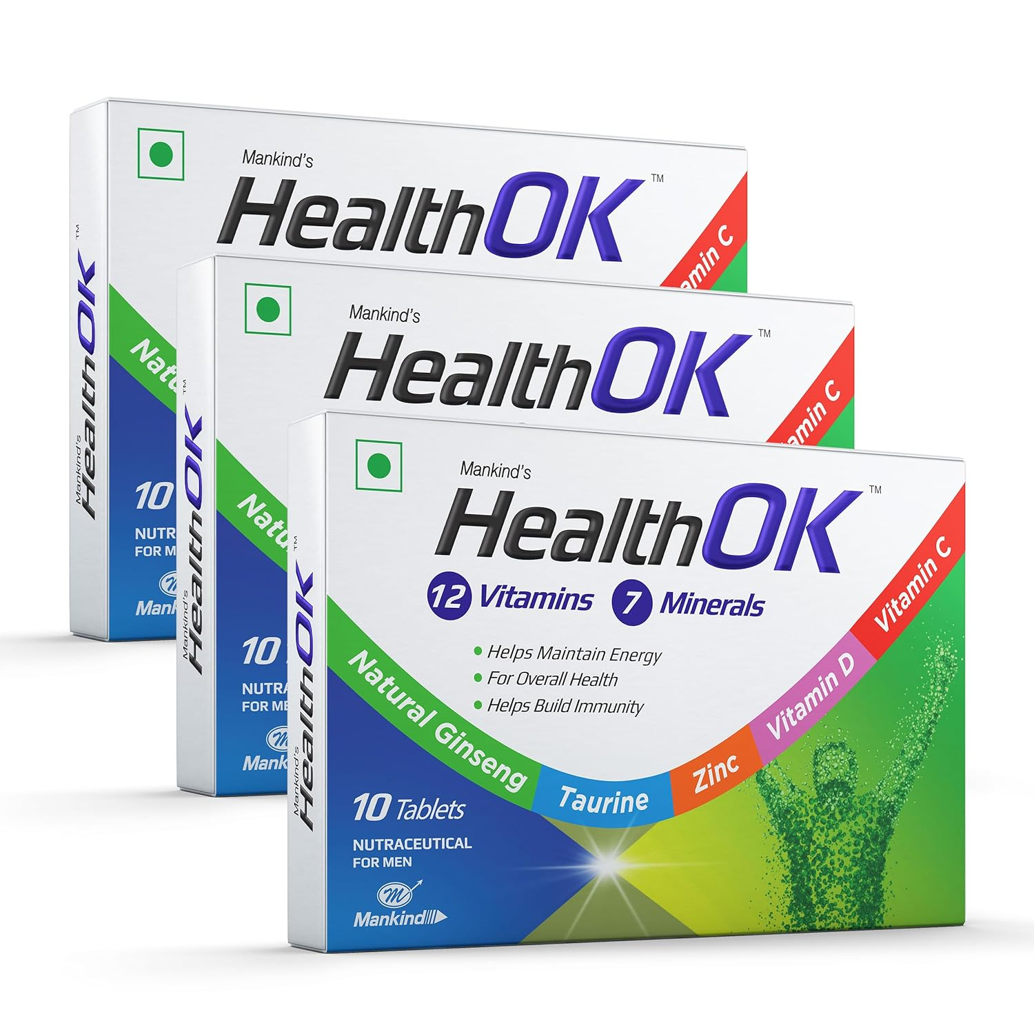 Health OK Multivitamin with Natural Ginseng Taurine power Daily Energy alertness Vitamin D C & other 17 multivitamins minerals for Overall Health 10 Tablets x Pack of 3 view 2
