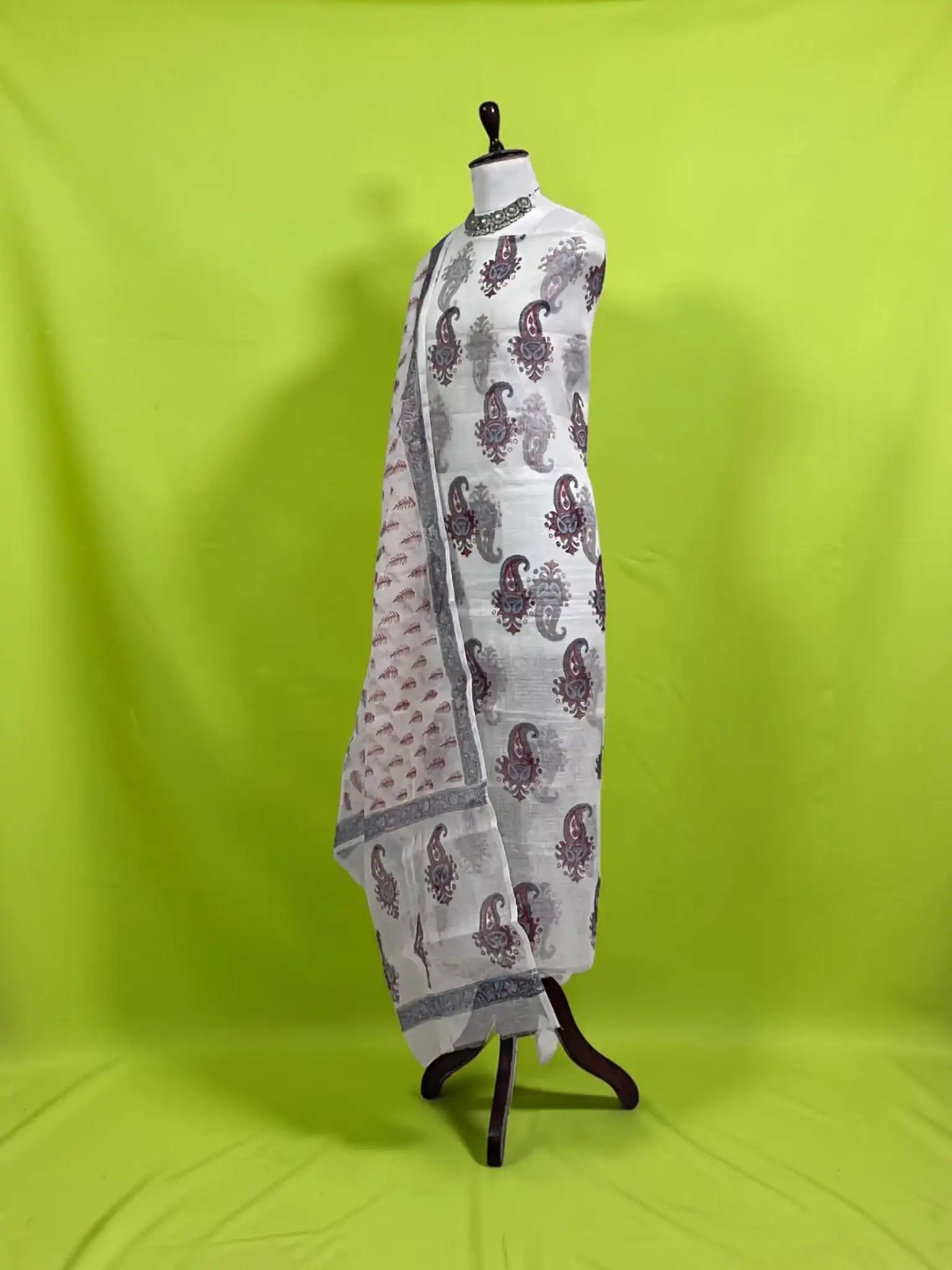 Handwoven Kota Doria Cotton Dress Material with Paisley Buti, Brick Red view 2