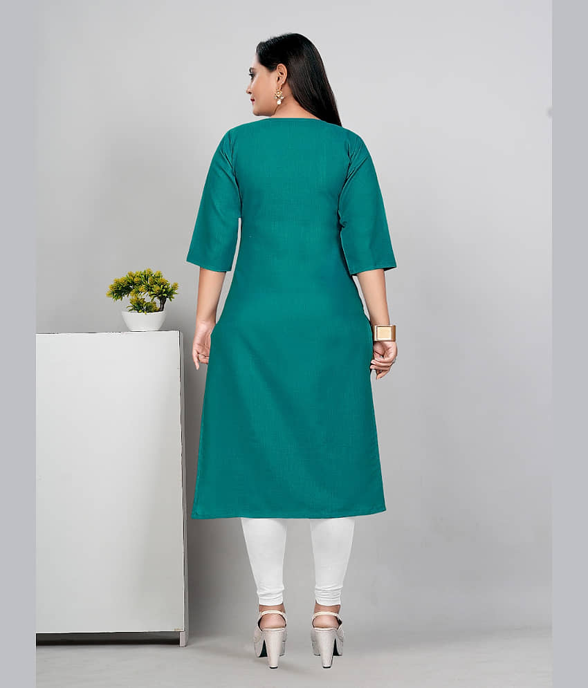RIAANA Women Cotton Blend Embroidered A-line Kurti ( Teal ) view 2