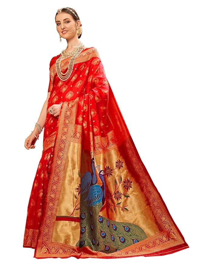 Red and gold zari woven banarasi silk saree with peacock motifs