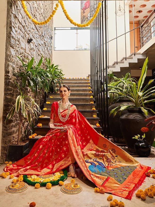 Red and gold zari woven banarasi silk saree with peacock motifs view 2