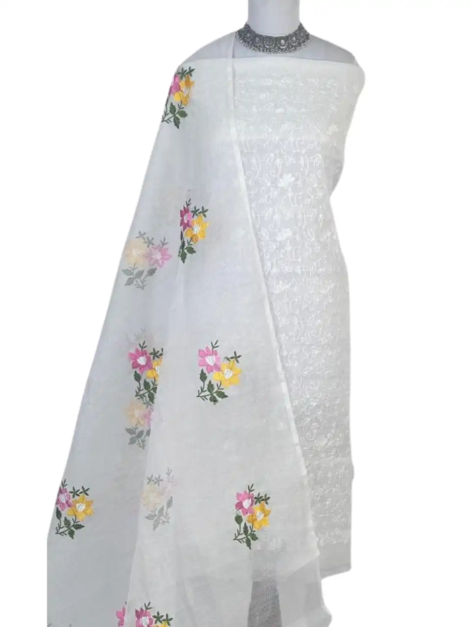 Kota Doria Dress Material White Floral Jaal