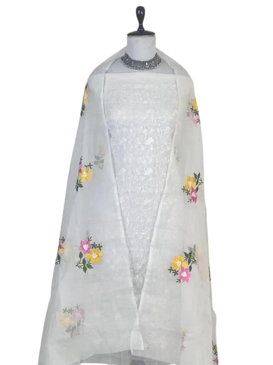 Kota Doria Dress Material White Floral Jaal view 2