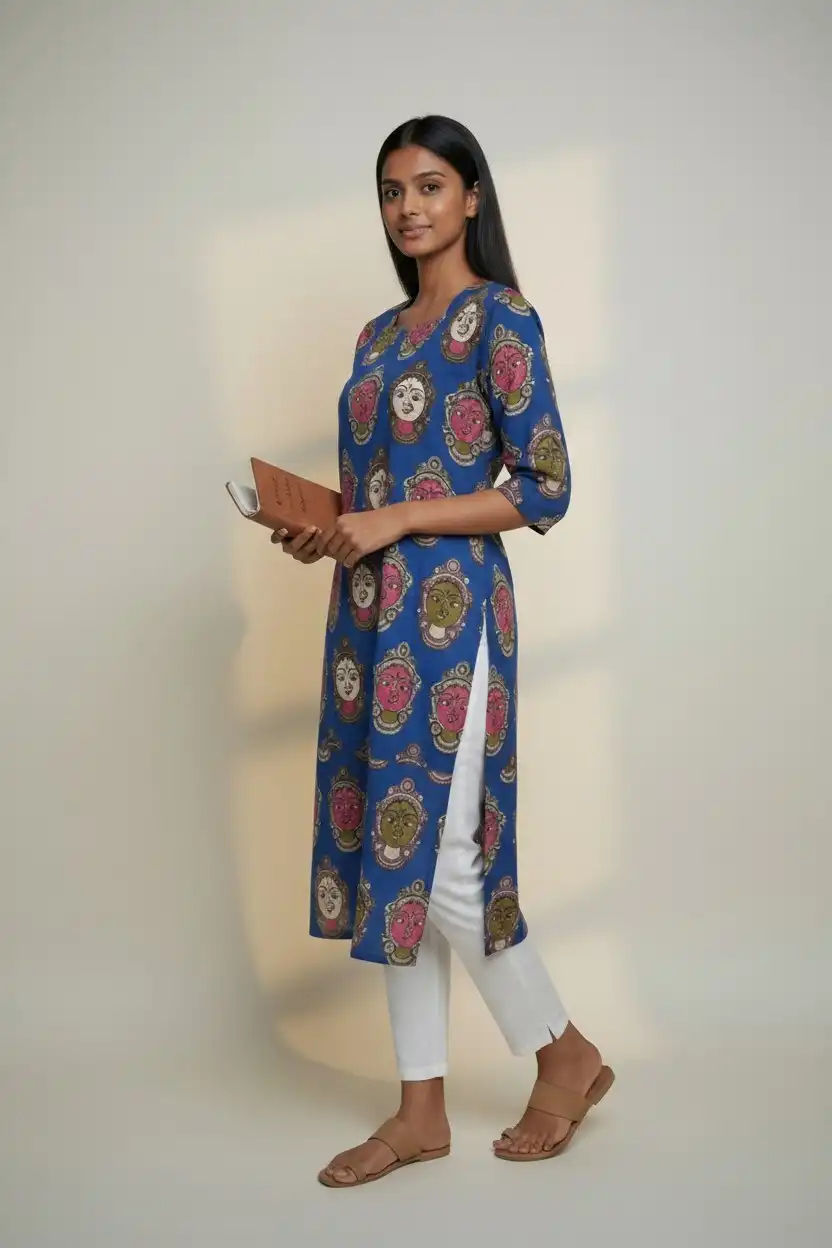 Block Print Cotton Kurti Blue Pink Gray Floral view 2