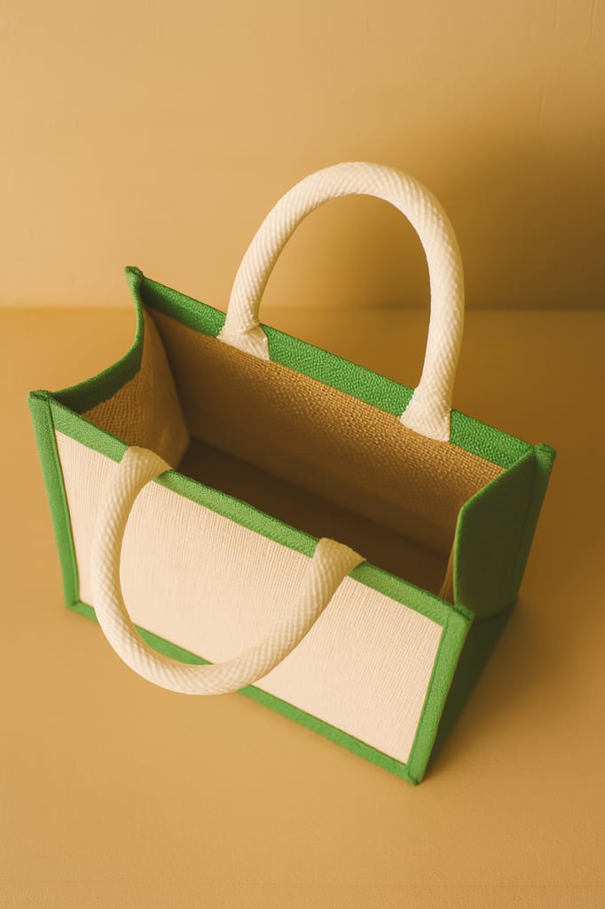 Eco-Friendly Jute Carry Bag with Green Trim & Rope Handles view 2