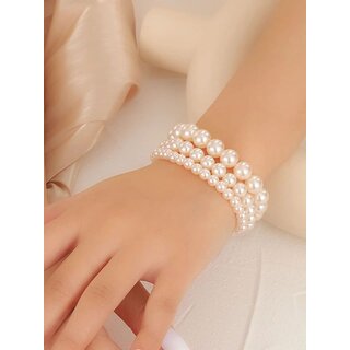 Techiefox Elegant Multi-Layer Faux Pearl Bracelet for Women and Girls Classic White Beaded Bangle Style Wristwear view 2