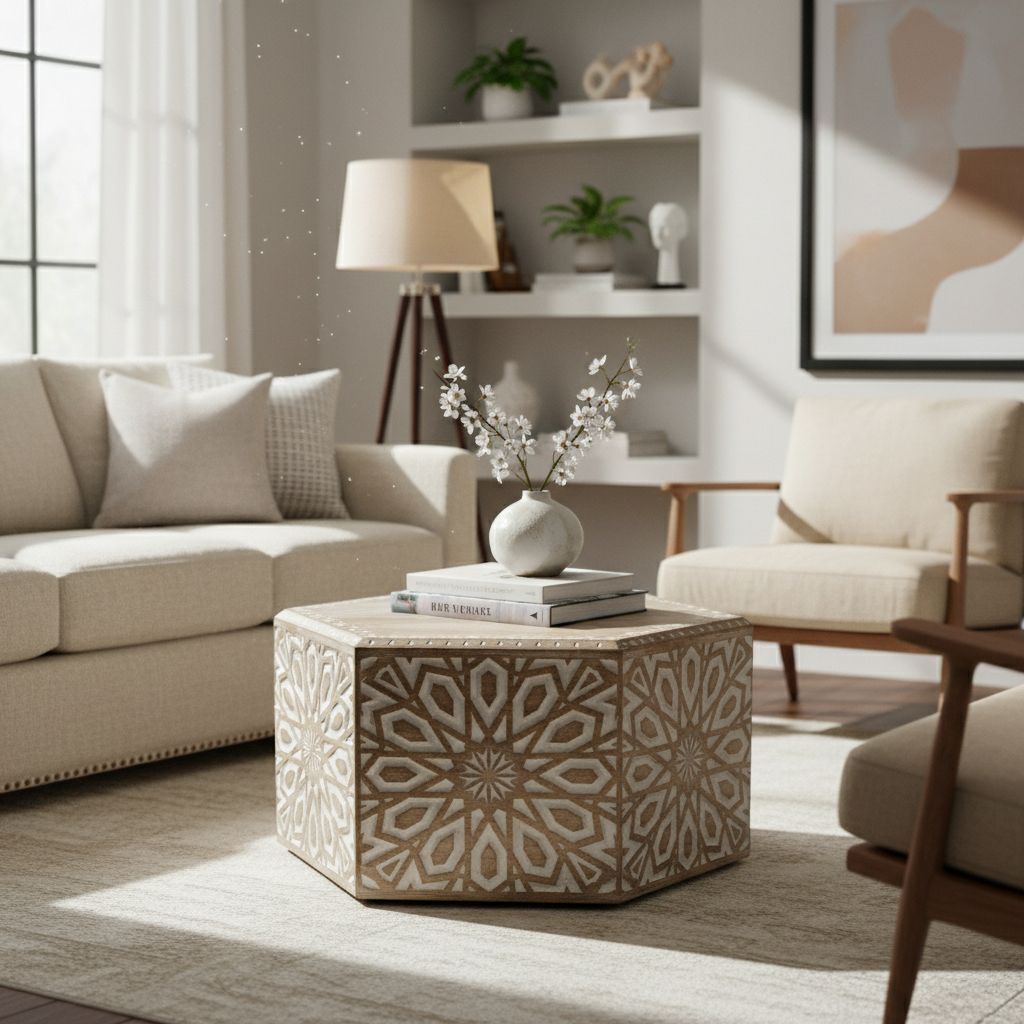Wooden Carved Hexagon Shape Coffee Table Bedroom Furniture view 2