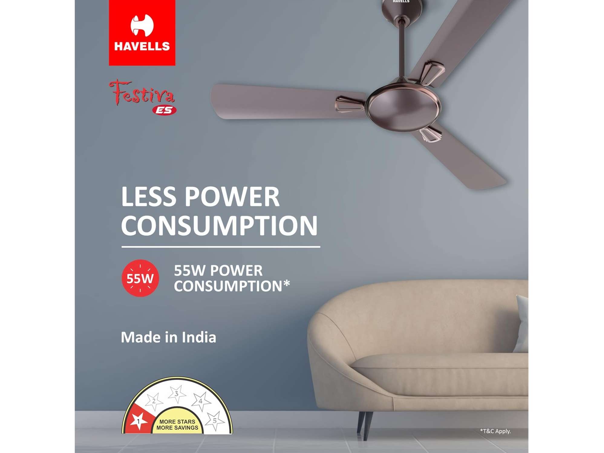 Havells Festiva ES 1200mm Energy-Saving Ceiling Fan - Espresso Brown view 2