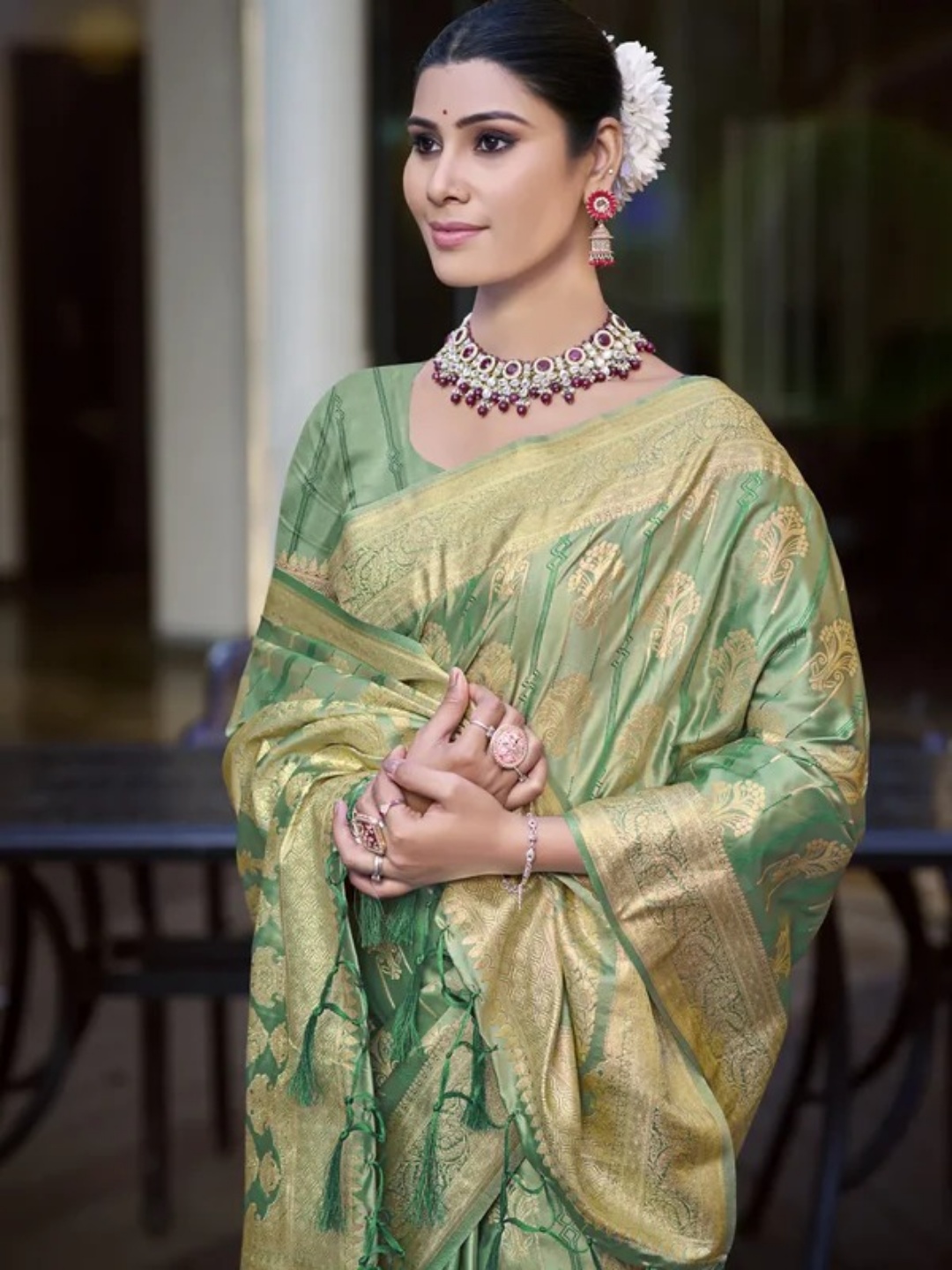 Rama Green Satin Silk Saree view 2