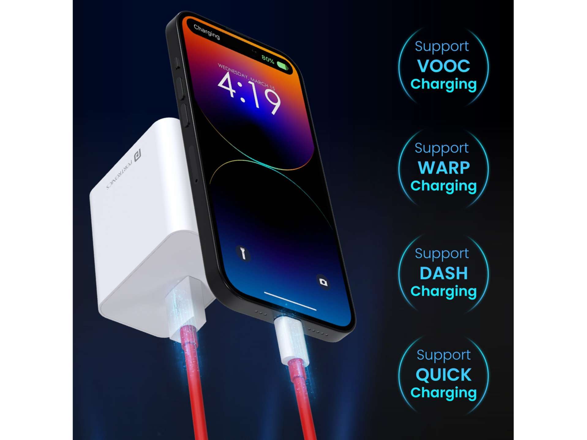 Portronics Adapto 35A USB A Output Port, VOOC Charging,WARP Charging, DASH Charging, QUICK Charging, 1M Charging Cable view 2
